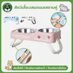 ชามแมวสแตนเลสคู่ ปรับสูงได้ ป้องกันการพลิกคว่ำ
