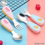 ช้อนส้อมเด็ก ลายการ์ตูนสดใส วัสดุสแตนเลสปลอดภัย
