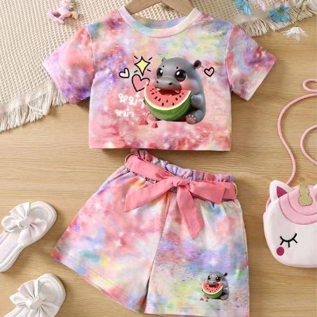 ชุดเซ็ทเด็กลายหมูเด้ง เสื้อแขนสั้น+กางเกงโบว์น่ารักสดใส