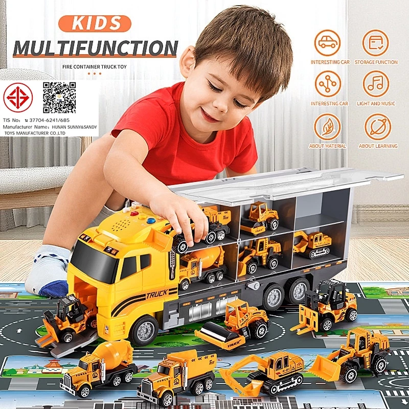 รถบรรทุกตู้คอนเทนเนอร์พร้อมชุดรถดับเพลิงสำหรับของขวัญเด็ก