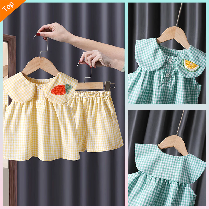 เสื้อผ้าเด็กลายผลไม้ – แขนกุดคู่กางเกงลายสก๊อตสุดน่ารัก