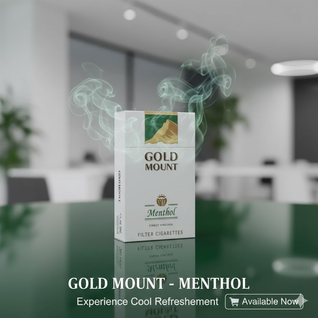 ผลิตภัณฑ์ Gold Mount Green แบบซองแข็ง วางบนพื้นผิวสีเขียวเงางาม ฉากหลังเป็นออฟฟิศที่ทันสมัย พร้อมควันสีเขียวอ่อนสื่อถึงความเย็นสดชื่น