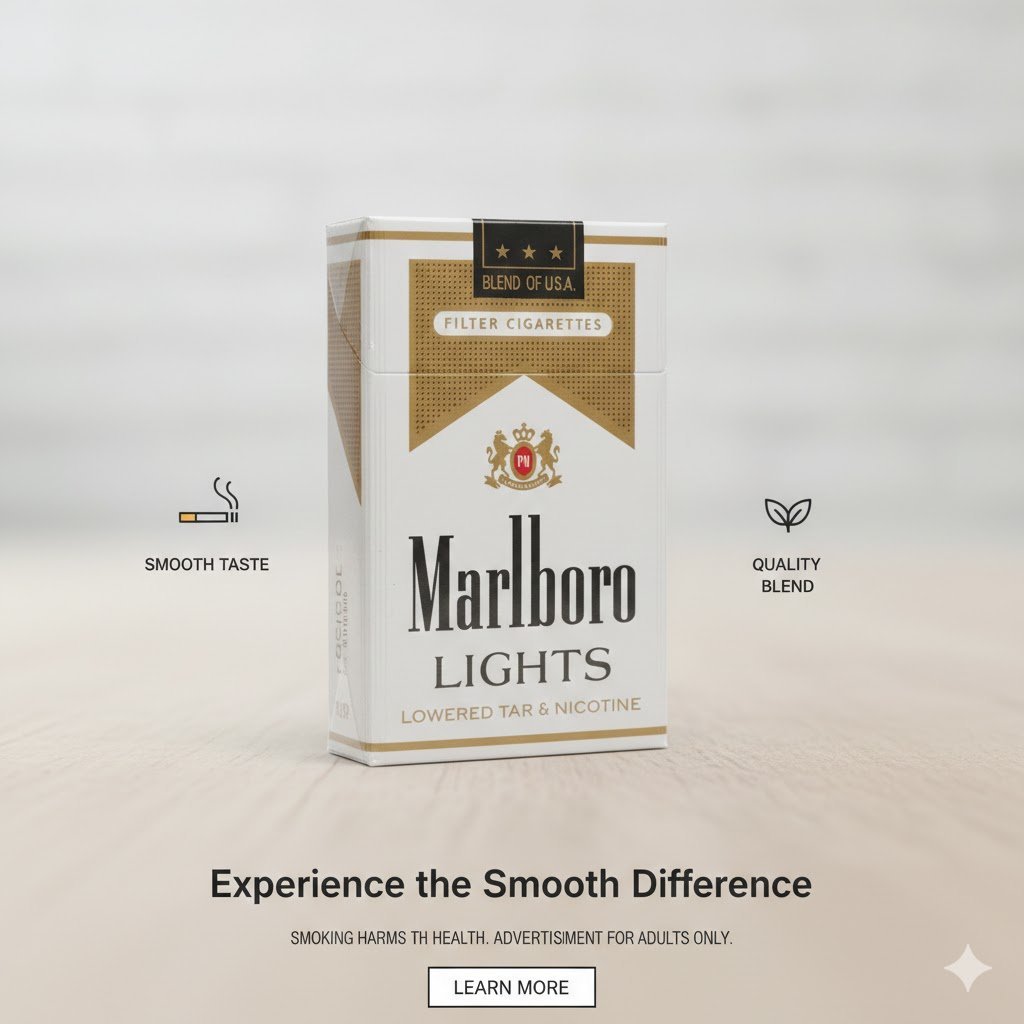 ซองบุหรี่ Marlboro Light (ซองอ่อน) วางบนพื้นผิวไม้ ดีไซน์คลาสสิก เน้นความเรียบหรู