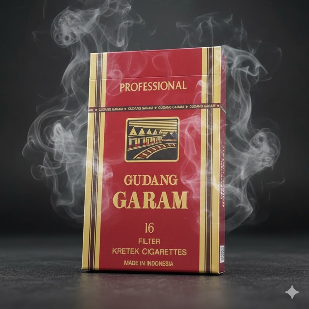 ซองบุหรี่ Gudang Garam Professional ดีไซน์หรูหราสีแดงตัดทอง บนพื้นผิวสีดำพร้อมควันจางๆ สื่อถึงระดับมือโปร