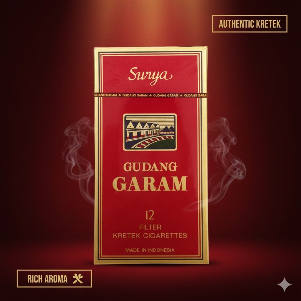 ซองบุหรี่ Gudang Garam 12 สีแดงขอบทองสุดคลาสสิก วางบนพื้นหลังสีแดงเข้มไล่เฉด มีกราฟิกควันพริ้วไหวรอบซอง พร้อมข้อความ Authentic Kretek และ Rich Aroma