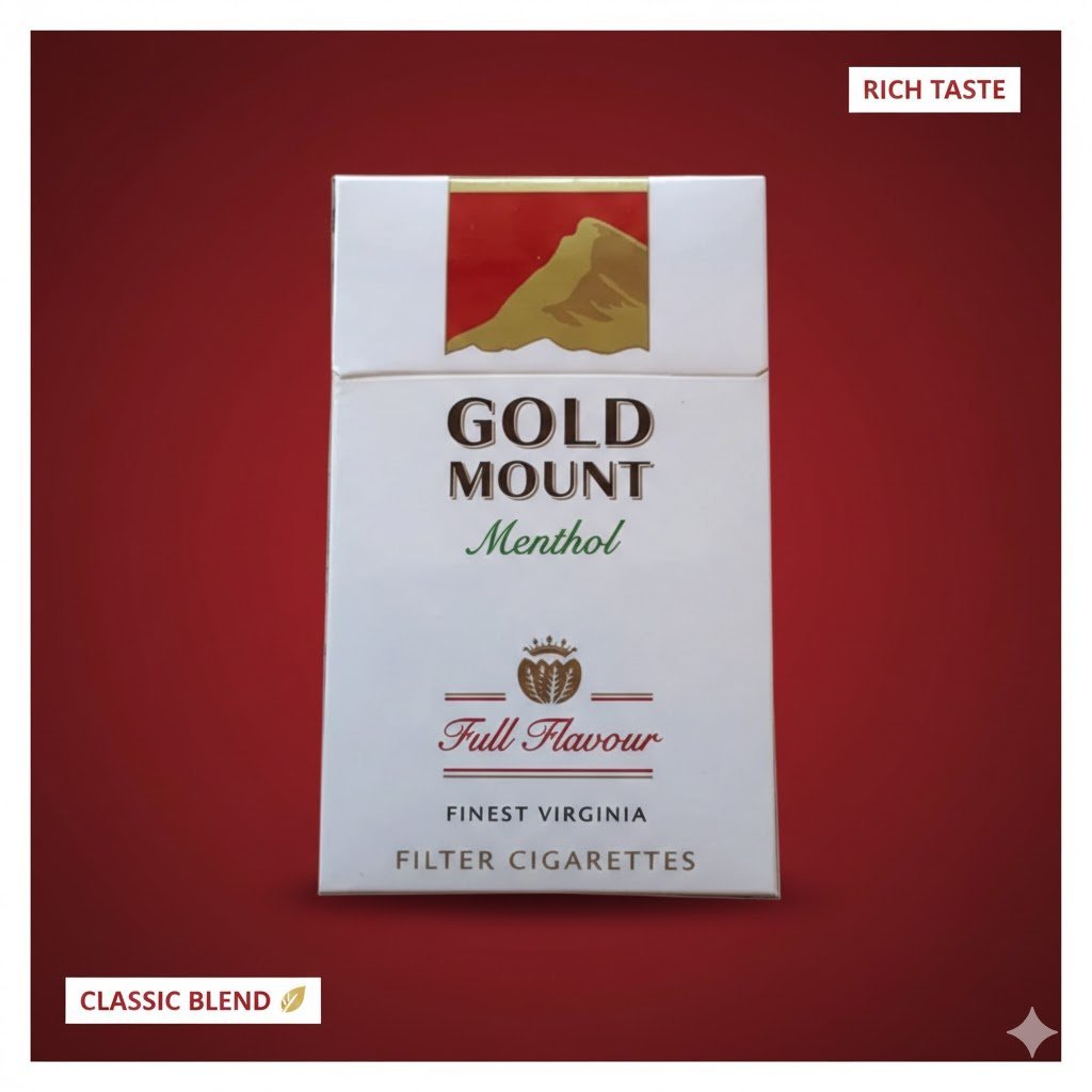 ซองบุหรี่ Gold Mount Red แบบซองแข็ง วางบนพื้นหลังสีแดงไล่เฉดเข้ม พร้อมข้อความ Rich Taste และ Classic Blend