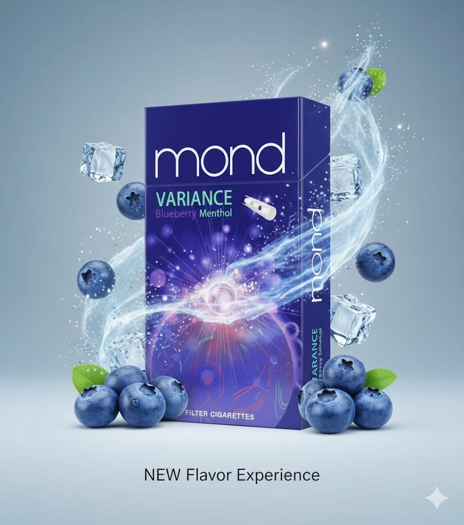 ซองบุหรี่ Mond Variance Blueberry Menthol รายล้อมด้วยลูกบลูเบอร์รี่และน้ำแข็ง สื่อถึงความเย็นสดชื่น